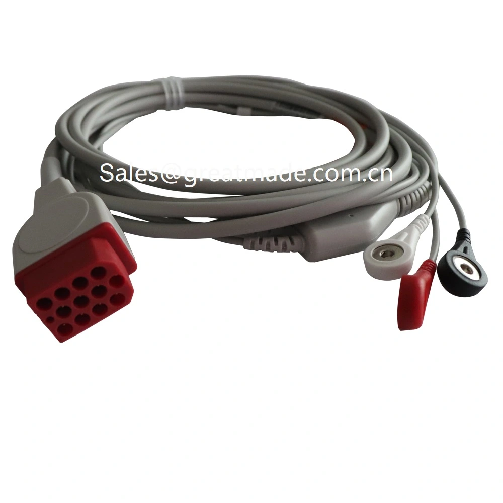 Kompatibel Bionet BM3 BM5 one piece EKG kabel dengan kabel kawat, AHA, 3-Lead, jepret, merah 12pin